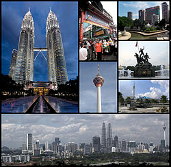 Clockwise from top left: Petronas Twin Towers, Petaling Street, Masjid Jamek and Gombak/Klang river confluence, National Monument, National Mosque, skyline of KL. Centre: KL Tower
