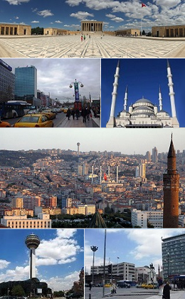 From top to bottom and left to right: Atatürk's Mausoleum, Kızılay Square, Kocatepe Mosque, A general view of the city centre, Atakule Tower and Ulus Square.