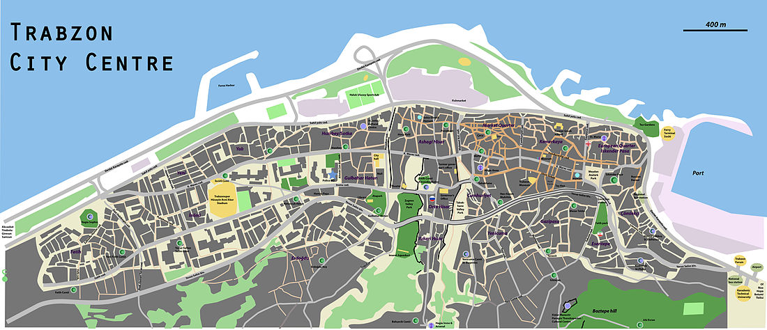Map of Trabzon's city centre, showing its walls, main streets, sights and parks.