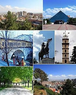 Top left: City center, Top right: Zafer Plaza AVM;Middle left: Irgandı Bridge, Middle: Statue of Atatürk, Middle right: Bursa Clock Tower;Bottom left: Bursa Botanical Park, Bottom right: City center