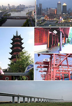 Clockwise from top: Ningbo's Skyline, Tianyi Square, Tianyi Chamber, Port of Ningbo, Hangzhou Bay Bridge, and Tianfeng Pagoda