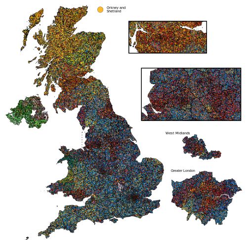 Results of the 2010 general election in the United Kingdom: voting distribution per constituency.