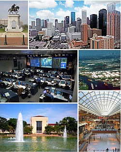 Clockwise from top: Sam Houston monument, Downtown Houston, Houston Ship Channel, The Galleria, University of Houston, and the Christopher C. Kraft Jr. Mission Control Center.