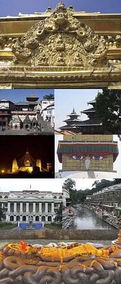 Clockwise from top: Torans seen in portals around Kathmandu, Degutaleju with Taleju in background at Kathmandu Durbar Square, Boudhanath Stupa, Bagmati river, Budhanilkantha, Singha Durbar, Swayambhunath temple at night, Pashupatinath temple