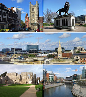 From top left: the Town Hall and St Laurence's Church, the Maiwand Lion, the Town Centre skyline from the Royal Berkshire Hospital, Reading Abbey and The Oracle