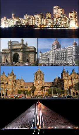 Clockwise from top: Cuffe Parade skyline, Taj Mahal Palace Hotel, Chhatrapati Shivaji Terminus, Bandra–Worli Sea Link, and the Gateway of India.