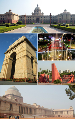 Clockwise from top left: Secretariat Building, Connaught Place, Jantar Mantar, Rashtrapati Bhavan, India Gate
