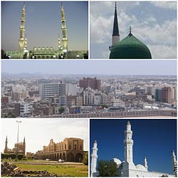 Clockwise from top left: al-Masjid an-Nabawi, Green Dome, al-Baqi' Cemetery, Quba Mosque, and Hejaz Railway Museum