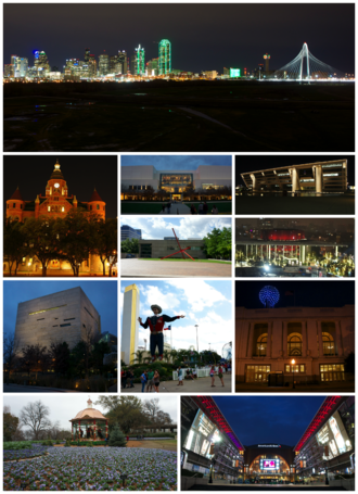 Top to bottom, left to right: Downtown Dallas skyline, Old Red Museum, NorthPark Center, Dallas City Hall, Dallas Museum of Art, Winspear Opera House, Perot Museum of Nature and Science, State Fair of Texas at Fair Park, Dallas Union Station, the Dallas Arboretum and Botanical Garden, and the American Airlines Center