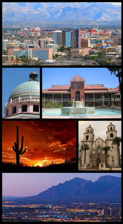 From upper left: Downtown Tucson Skyline, Pima County Courthouse, Old Main, University of Arizona, Saguaro National Park, St. Augustine Cathedral, Santa Catalina Mountains