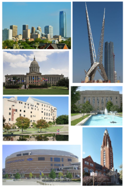 From top left to clockwise: downtown skyline, SkyDance Bridge, City Hall, Gold Star Memorial Building, Chesapeake Energy Arena, Oklahoma City National Memorial, Oklahoma State Capitol.