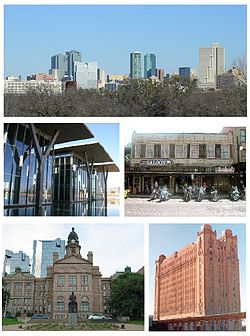 Montage of Fort Worth, Top: View of Downtown Fort Worth from Amon Carter Museum, Middle left: Fort Worth Modern Art Museum, Middle right: Fort Worth Stockyards Saloon, Bottom left: Tarrant County Courthouse, Bottom right: T&P Railroad Station
