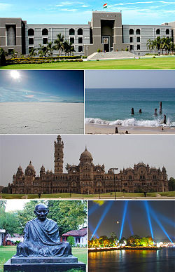 Clockwise from top: High Court of Gujarat, Dwarka Beach, Kankaria Lakefront, Laxmi Vilas Palace, Gandhi Ashram, Salt Desert of Kutch