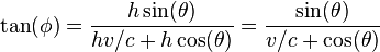 \tan(\phi) = \frac { h\sin(\theta)}{hv/c + h \cos (\theta)}=\frac { \sin(\theta)}{v/c +  \cos (\theta)}