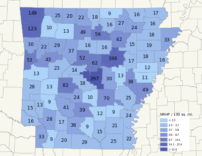 Map of Arkansas counties showing density of National Register listings
