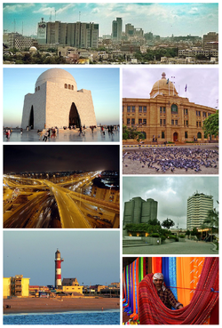 Clockwise from top: Karachi Skyline, KPT HQ, PRC Towers & PNSC, Karachi Market, Manora Lighthouse, Nagan Interchange and MA Jinnah Tomb.