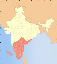 Thumbnail map of India with South India highlighted