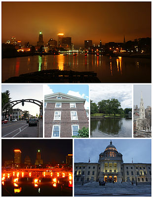 From top left: Downtown Providence skyline and the Providence River from the Point Street Bridge, Federal Hill, University Hall at Brown University, Roger Williams Park, the First Baptist Church in America, WaterFire at Waterplace Park, and the Rhode Island State House.