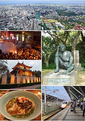 Clockwise from top: Downtown Tainan, Statue of Yoichi Hatta, THSR Tainan Station, Dan zai noodles, Fort Provintia, Beehive firework in Yanshui.