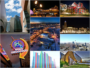 In order from top left, clockwise: 1.World Market Center Las Vegas; 2.Fremont East; 3.Lou Ruvo Center for Brain Health; 4.Smith Center for the Performing Arts; 5.Downtown Las Vegas with the Las Vegas Valley in the background; 6. Grand Central Parkway Interchange; 7.Symphony Park; 8.Downtown Arts District; 9.Las Vegas industrial district looking North away from the Las Vegas Strip during First Friday
