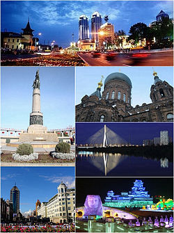 Clockwise from top: Hongbo Plaza, Saint Sofia Cathedral, Songpu Bridge, Harbin Ice and Snow World, Central Avenue, Flood control monument