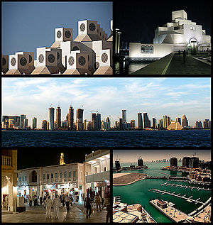 Clockwise from top: Qatar University, Museum of Islamic Art, Doha Skyline, Souq Waqif, The Pearl