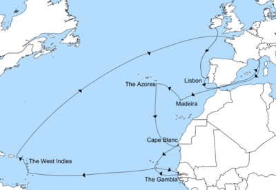 A blue and white map showing Rupert's journey from Ireland, across the Atlantic into the Mediterranean, then down the African coastline, across to the West Indies and back to France.