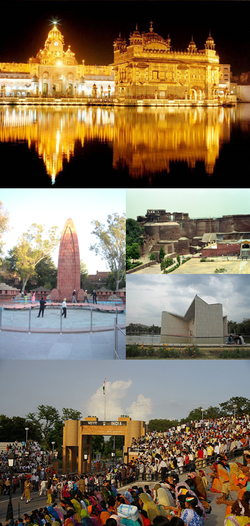 Bottom to top: Harmandir Sahib, Qila Mubarak, Gandhi Bhavan, Wagah Border, Jallianwala Bagh Memorial
