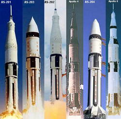 Composite image of unmanned development Apollo mission launches in chronological sequence.