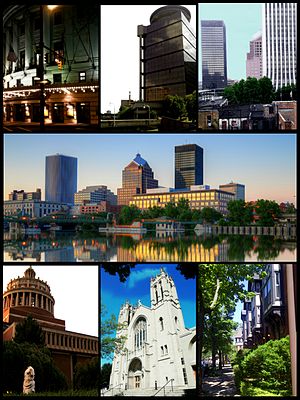 (Clockwise from top left) the Eastman Theater, First Federal Plaza, Corporate high-rises in Downtown Rochester, eastern half of the city skyline on the Genessee river, Grove Place neighborhood, Sacred Heart Cathedral, Rush Rhees Library at the University of Rochester