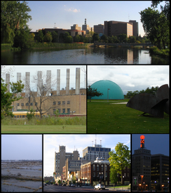 Top: Skyline as seen from the Flint River.  Middle: GM Powertrain, Longway Planetarium.  Bottom: Former site of Buick City, South Saginaw St., Citizens Bank Weatherball.