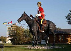 The Mountie statue, visible from Highway 13