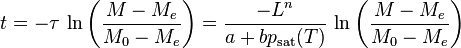 t=-\tau\,\ln\left(\frac{M-M_e}{M_0-M_e}\right)=\frac{-L^n}{a+bp_\text{sat}(T)}\,\ln\left(\frac{M-M_e}{M_0-M_e}\right)