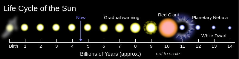 14 billion year timeline showing Sun's present age at 7017145164960000000♠4.6 Ga; from 7017189345600000000♠6 Ga Sun gradually warming, becoming a red dwarf at 7017315576000000000♠10 Ga, "soon" followed by its transformation into a white dwarf