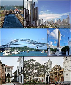 Clockwise, from top: Panama Canal, Skyline, Bridge of the Americas, The bovedas, Casco Viejo of Panama and Metropolitan Cathedral of Panama.