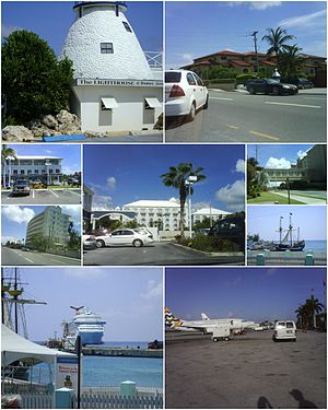 From top to the bottom and from left to right: The Lighthouse, West Bay Road, Cayman National Bank, 7Mile Beach, The Ritz-Carlton Hotel, 7 Mile beach Road, Water Front, The Port, Owen Roberts International Airport.