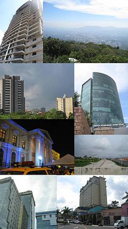 Collage of pictures of the San Salvador Metro Area, mostly recent buildings. From top: Alisios 115 (left) panorama (right), Capillas 515 and 525 (left), World Trade Center Torre Futura (right), National Palace (left), Diego de Holguin Expressway (right), Centro Financiero Telefonica (left), Hilton Princess San Salvador (right)