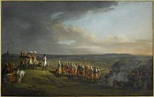 Colored painting depicting Napoleon receiving the surrender of the Austrian generals, with the opposing armies and the city of Ulm in the background