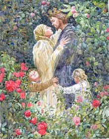 Illustration of two children hugging their parents in the fairy tale named "Rapunzel"