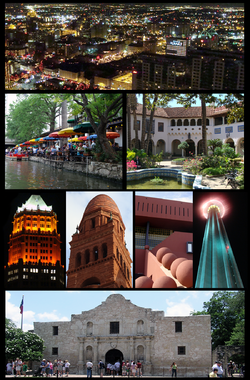 From top to bottom and Left to Right: 1. San Antonio downtown from the Tower of The Americas at night. 2. The Riverwalk 3. The McNay Museum of Art 4. The Tower Life Building 5. Bexar County courthouse 6. San Antonio Public Library 7. The Tower of the Americas at night 8. The Alamo
