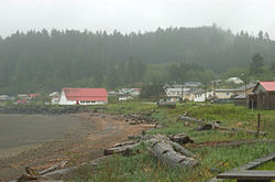 View of Skidegate from outside the Haida Heritage Centre.
