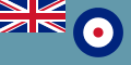 Sky blue flag with concentric circle RAF icon in right half and Union Flag as top-left quarter.
