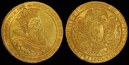 Coat of arms of the Royal City of Gdańsk on a 1614 gold 10 ducat coin (depicting Sigismund III Vasa on the obverse).[11]