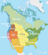 "Colour-coded map of North America showing the classification of indigenious peoples of North America according to Alfred Kroeber showing the areas of Arctic, Subarctic, Northwest Coast, Northeast Woodlands, Plains, Plateau"