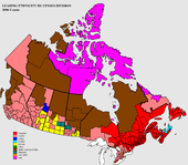 "Map of Canada colour-coded for the 2006 census results for the leading ethnicity by census division"