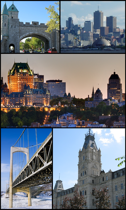 Clockwise from top left: Saint Louis Gate in the Ramparts; Parliament Hill and Bassin Louise waterfront area; Château Frontenac and Holy Trinity Cathedral in Vieux-Québec; Quebec National Assembly; Pierre Laporte Bridge with Quebec Bridge in the background