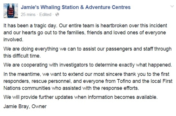 Jamies Whaling Station facebook statement