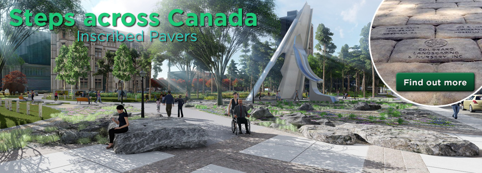 Text: Steps across Canada. Inscribed Pavers. Find out more. Image: An artist's rendering of a corner of the museum grounds and an inset detail of similar pavers.