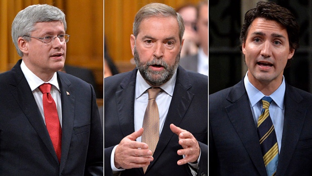 Prime Minister Stephen Harper, left, argues for his government's motion authorizing a combat mission against ISIS in the House of Commons Friday. Opposition Leader Tom Mulcair, middle, and Liberal Leader Justin Trudeau told MPs they could not support it.