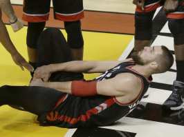 The Raptors centre sustained an ankle injury in the third quarter of Game 3 on Saturday.